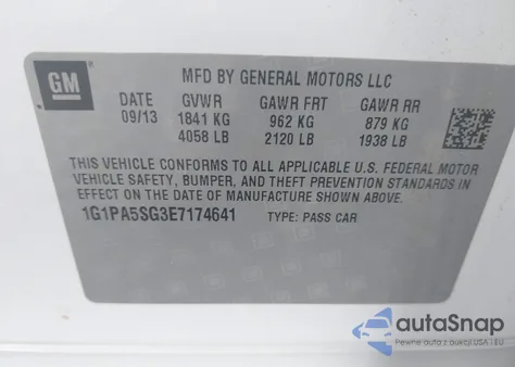 2014 Chevrolet Cruze Ls Auto z USA, uszkodzony, nr VIN 1G1PA5SG3E7174641